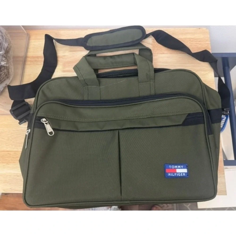 Tommy Hilfiger Messenger‎ Bag Olive Green Canvas Laptop Briefcase Travel Bag